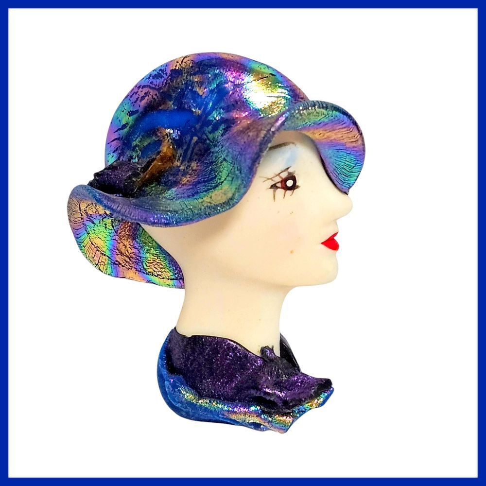Vintage Lady Head Brooch Iridescent Hat Figural Pin Costumeโ Jewelry